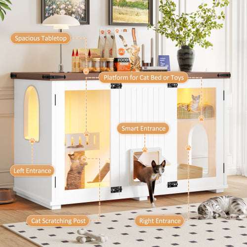 Large Cat Litter Box Enclosure with LED Light and Stairs - White