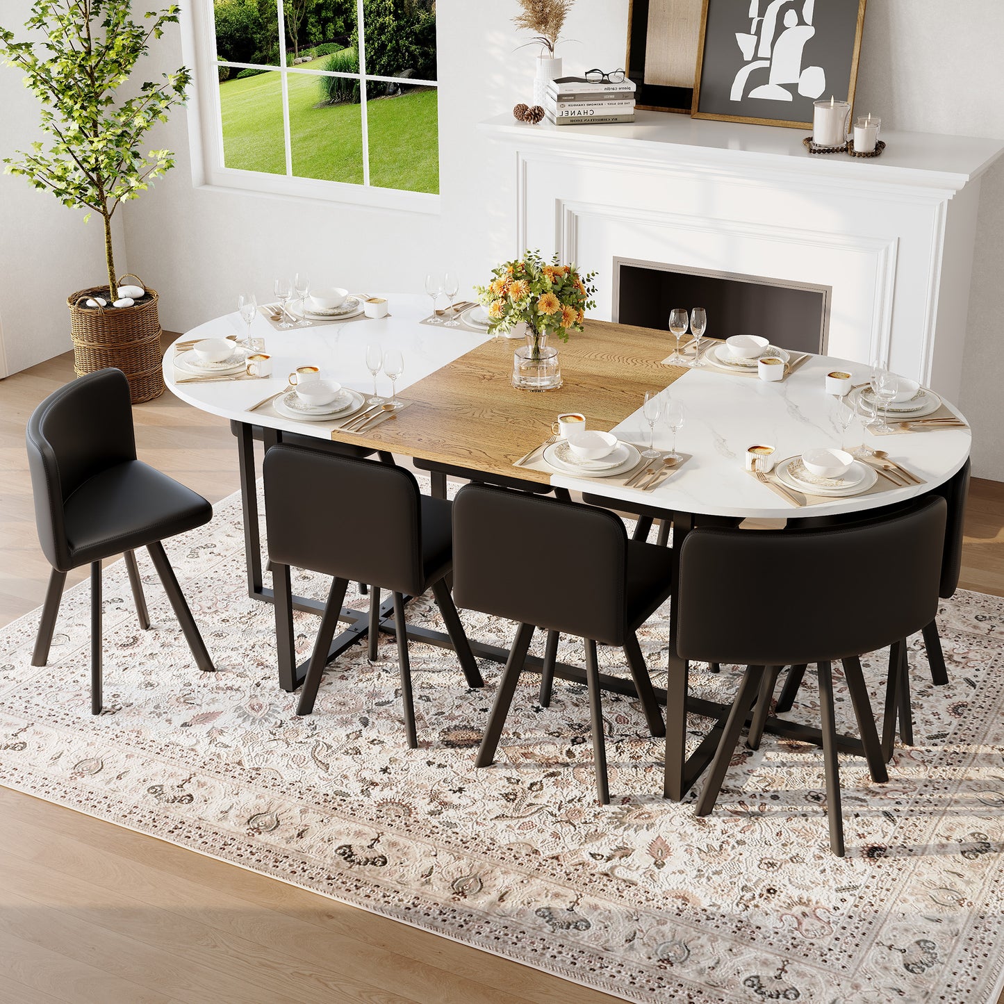 9-Piece Oval Dining Table Set, Fixed White Faux Marble & Wood Grain