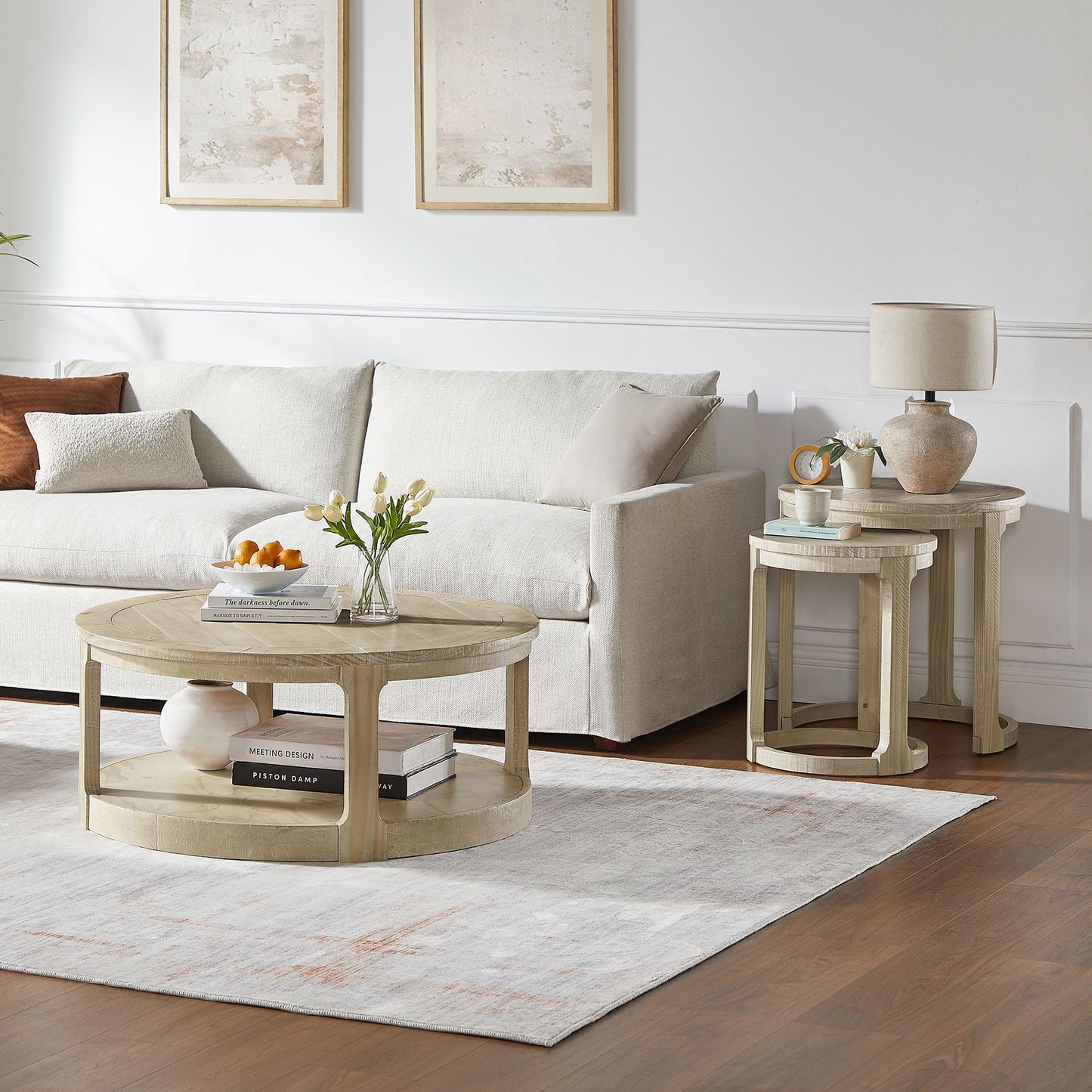 24-Inch Round Wooden Coffee Table Set - Oak Finish, 2-Piece