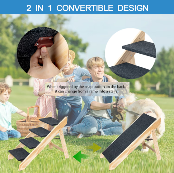 Foldable Wooden Pet Stairs & Ramps for Dogs & Cats - Acacia Wood, 4 Levels
