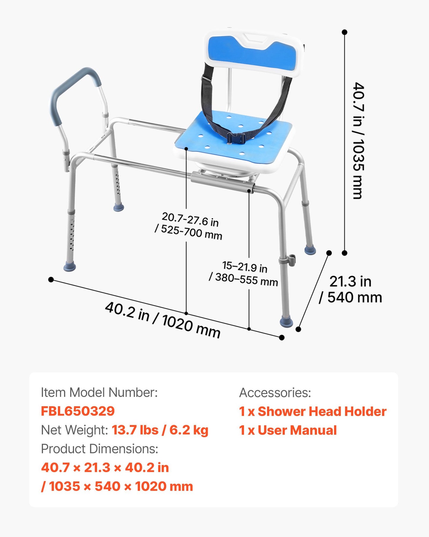 Heavy-Duty Sliding Shower Chair with Swivel Seat & Height Adjustment - Black