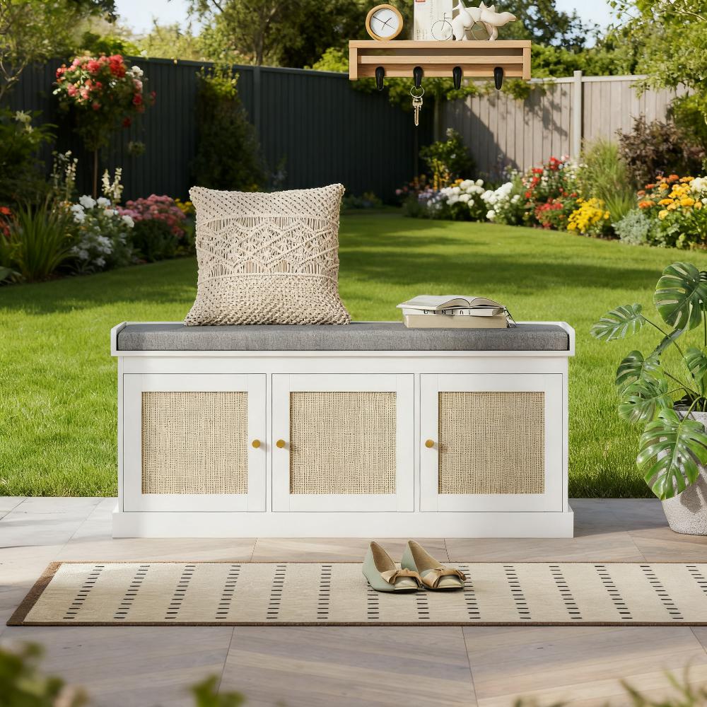 Shoe Storage Bench with Woven Rattan Doors & Cushion - Gray White