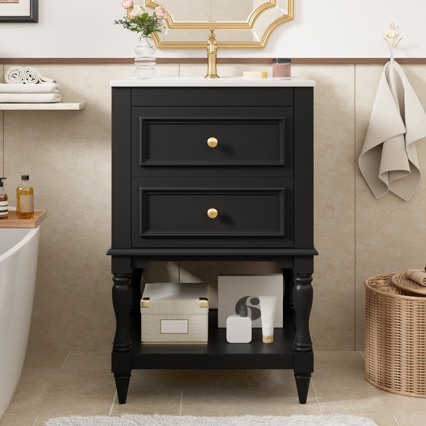 20'' Black Bathroom Vanity with Ceramic Sink & 2 Drawers