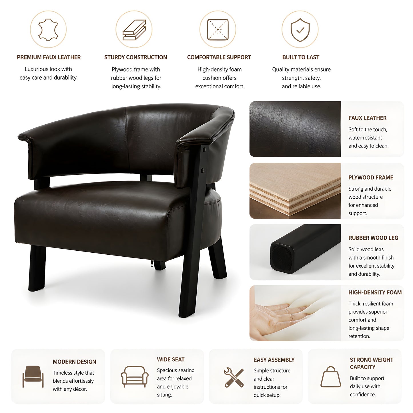 Faux Leather Wingback Accent Chair - Comfy Upholstered Armchair