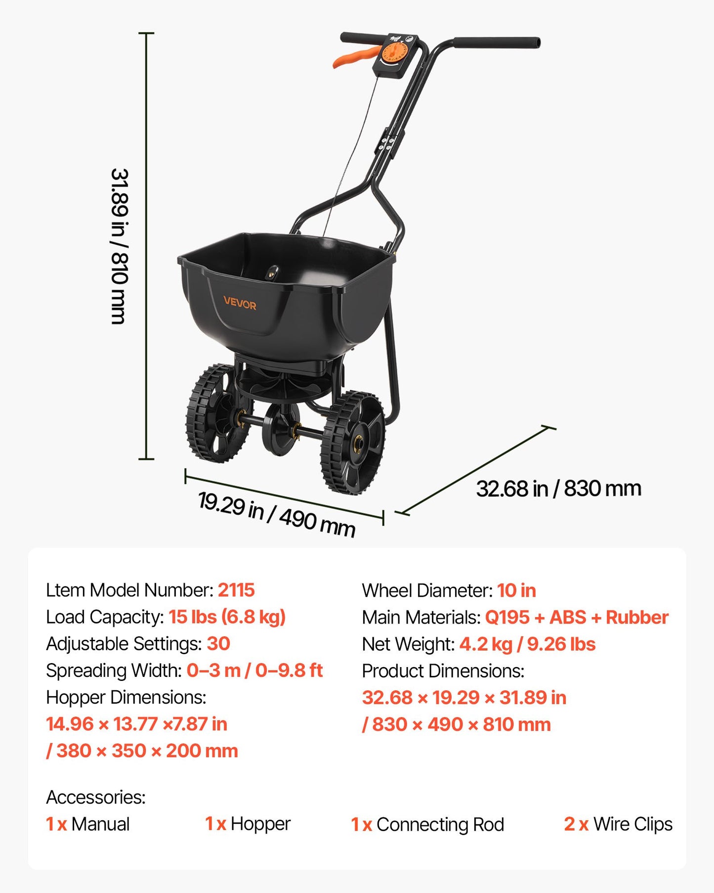 Garden Broadcast Spreader with 9.8 ft Width, 15 lbs Capacity, All-Terrain Tires