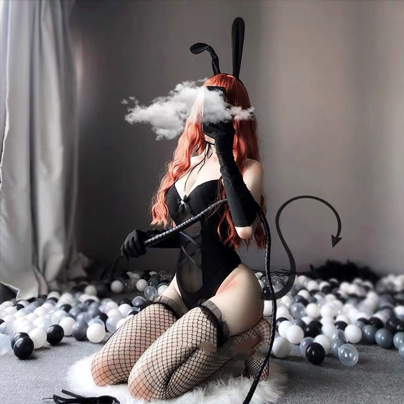 Women's Cosplay Underwear Costume Set with Lace Mesh Socks - Black