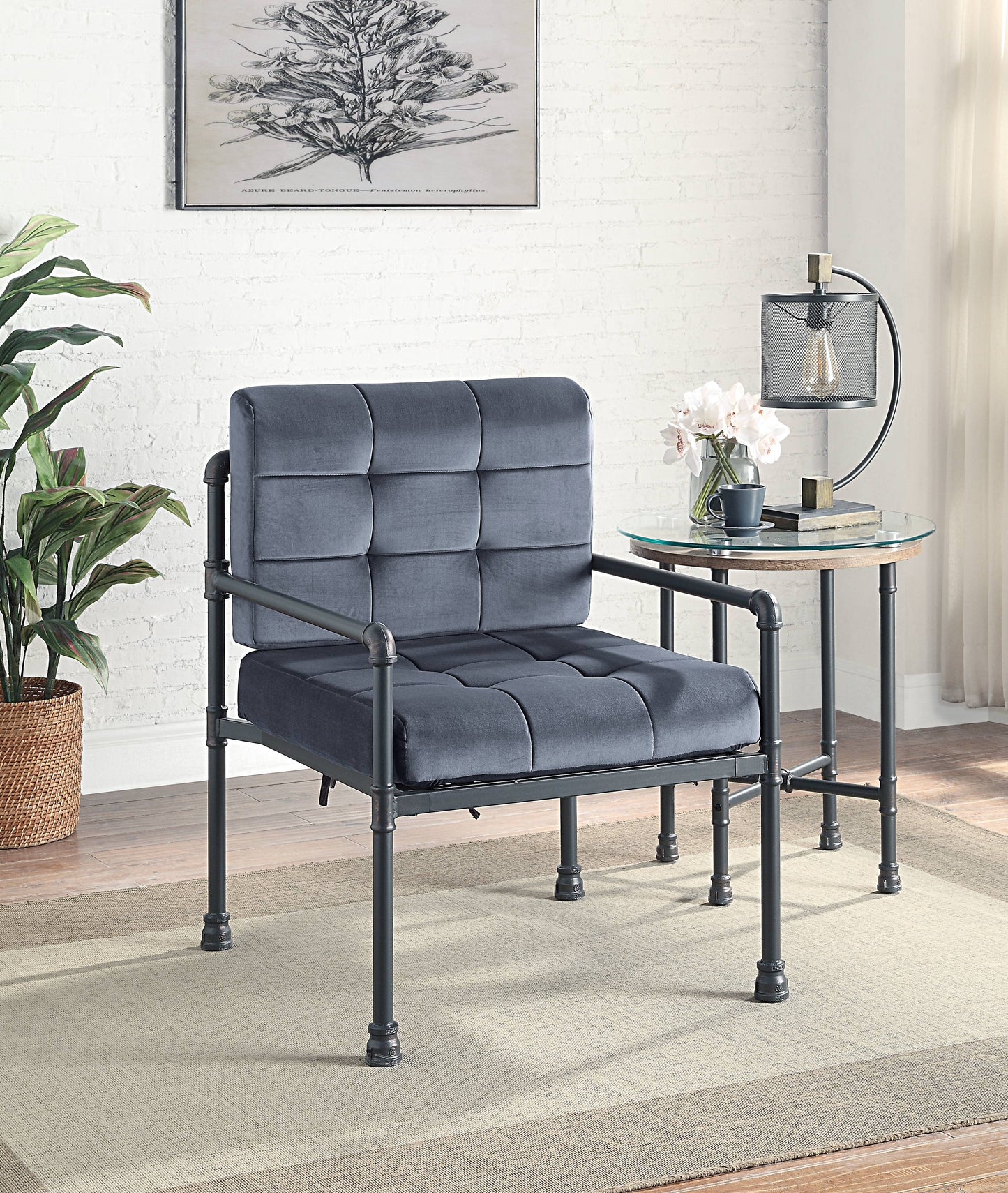 Brantley Gray Velvet Accent Chair with Sandy Gray Finish