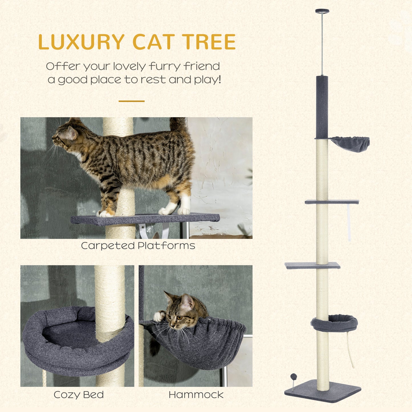 Adjustable 5-Tier Cat Tree with Cozy Bed, Hammock & Scratching Posts - Dark Gray & Cream