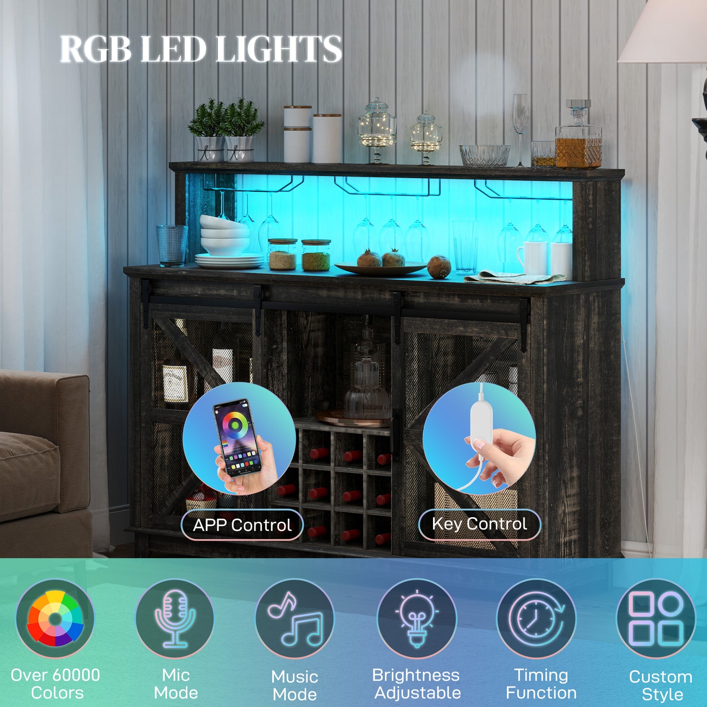 55" Distressed Brown Coffee Bar Cabinet with LED Lights