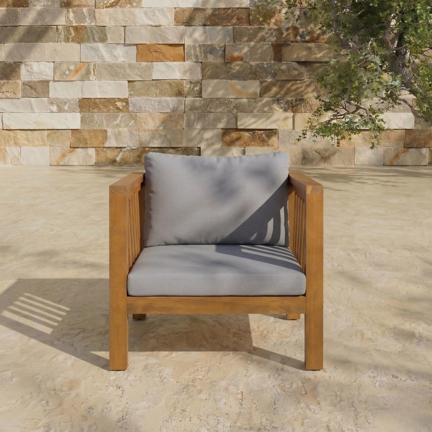 Outdoor Acacia Wood Club Chair With Modern Square Arms, Patio Thick