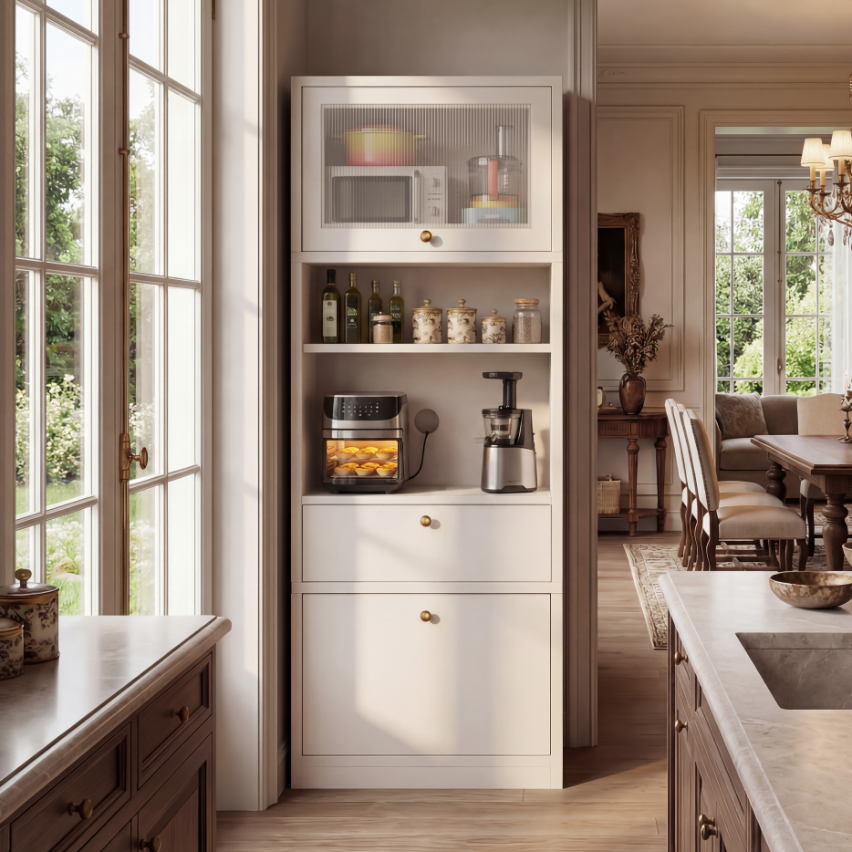 Tall Pantry Cabinet - 71 Inch Freestanding Storage with Adjustable Shelves and Drawer, Warm White