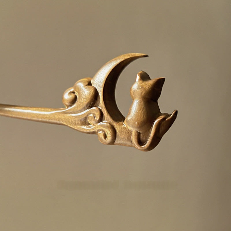 Cute Moon-Gazing Cat Hairpin - Red Sandalwood Wood