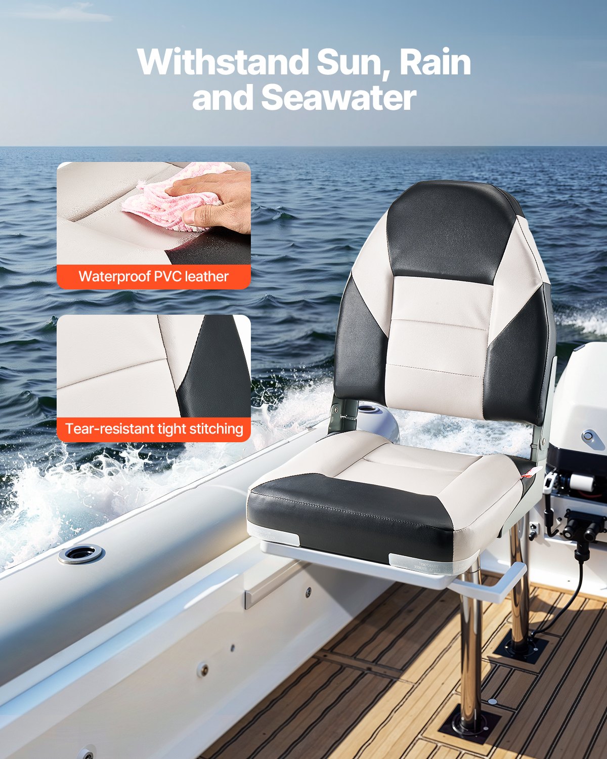 Folding Boat Seat with High Backrest Waterproof PVC Leather & Thick Foam Cushion