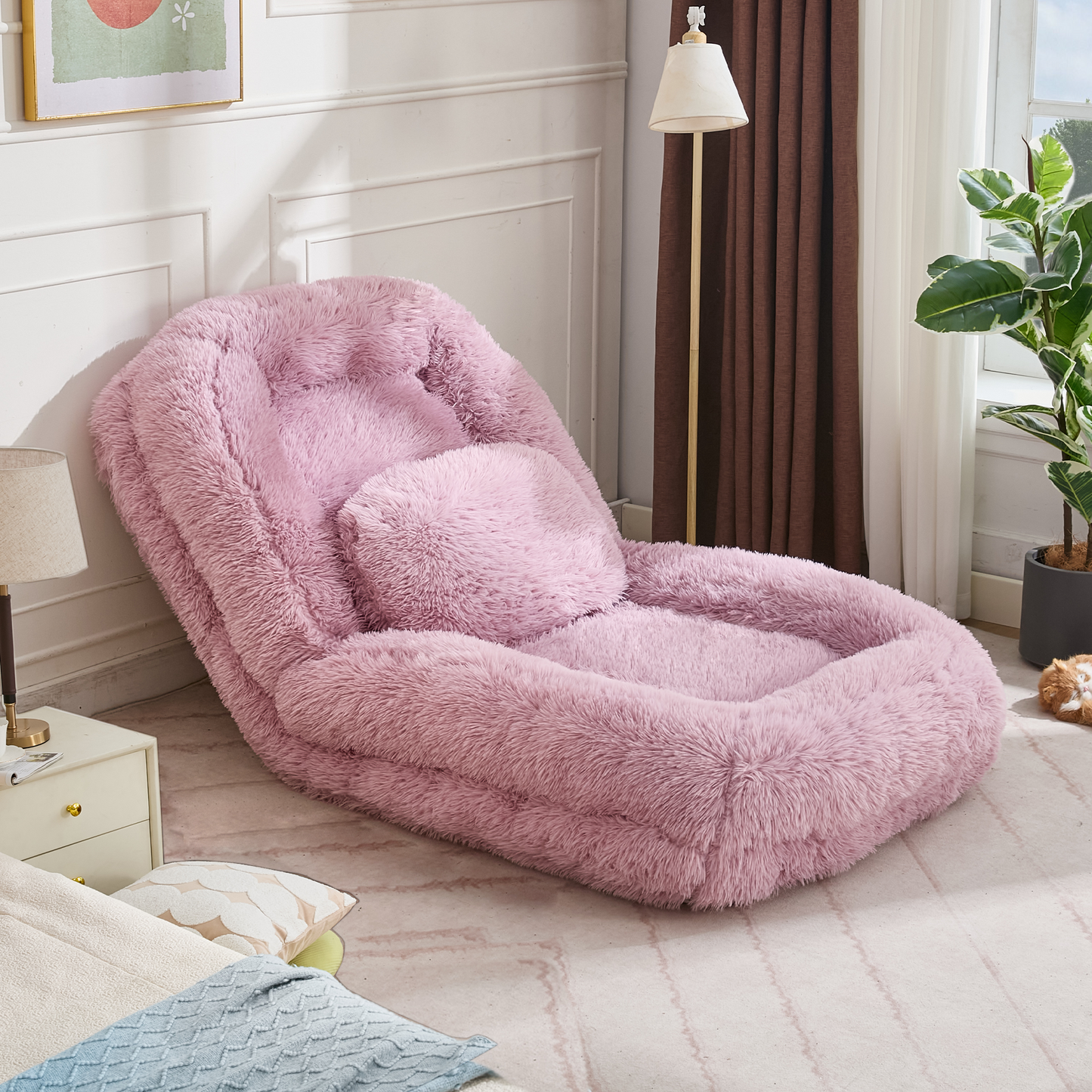 Adjustable Lazy Sofa Bed - Plush Fabric, Pink
