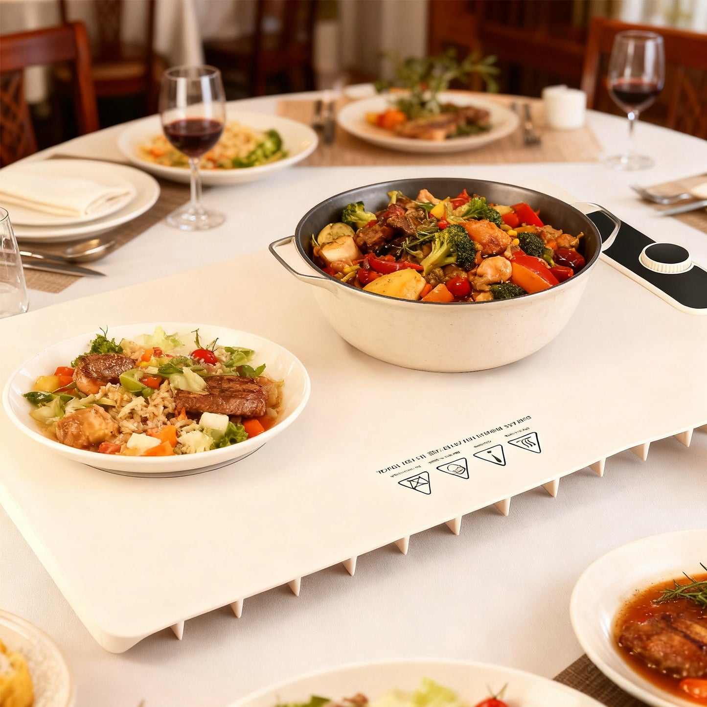 Portable Food Warming Mat 23.6x15.8in 300W Electric Silicone Food Warmer with 14 Temperature Levels & 10H Timer - Beige