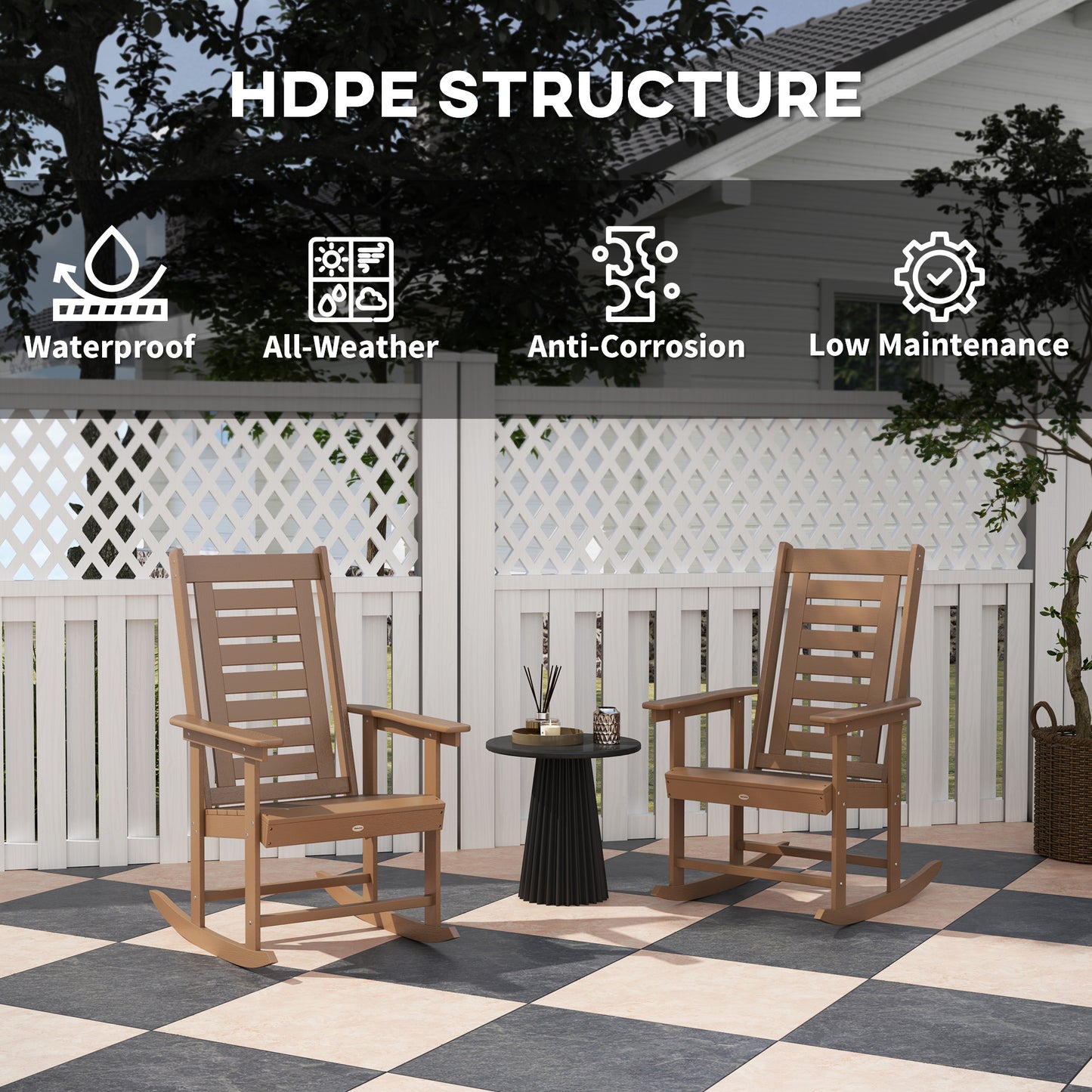 Set of 2 Outdoor Rocking Chairs - HDPE Patio Rockers, Brown