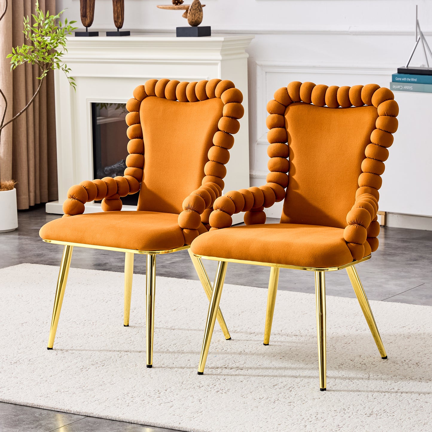 Set of 2 Orange Velvet Bubble Dining Chairs with Gold Legs