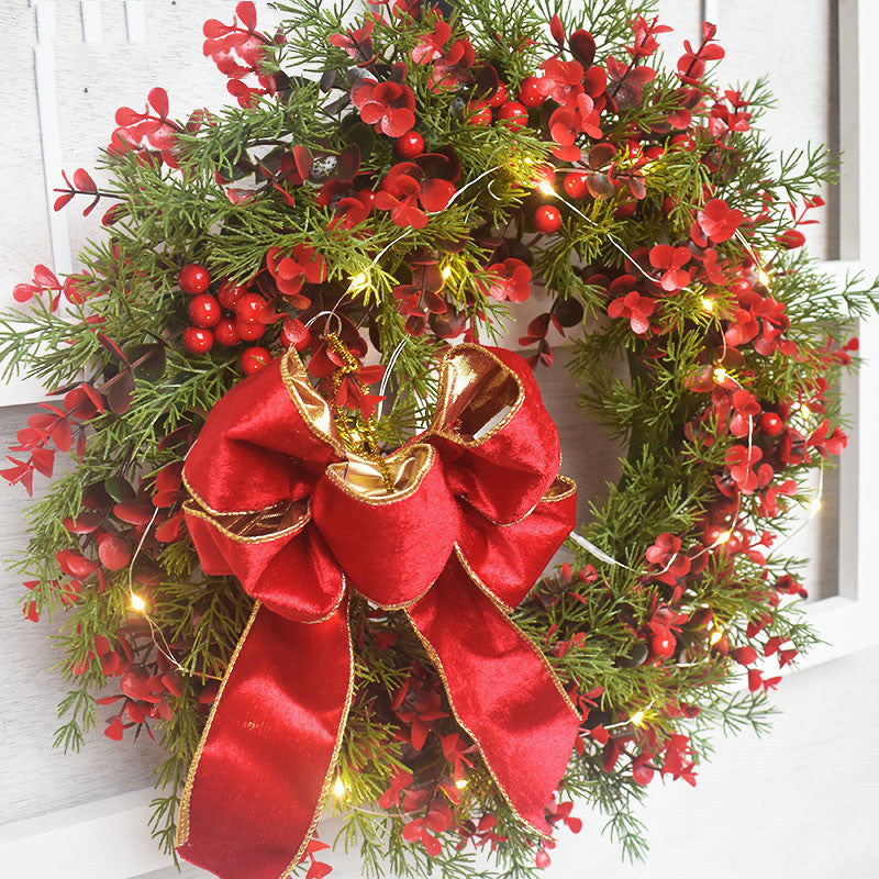 Red Christmas Wreath with Lights - Artificial Cherry Pattern Wall Hanging Garland
