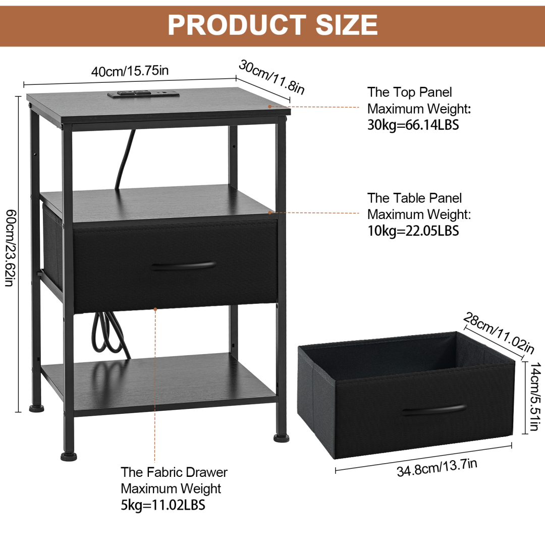 Black Bedside Table with USB-C Port and Adjustable Drawers