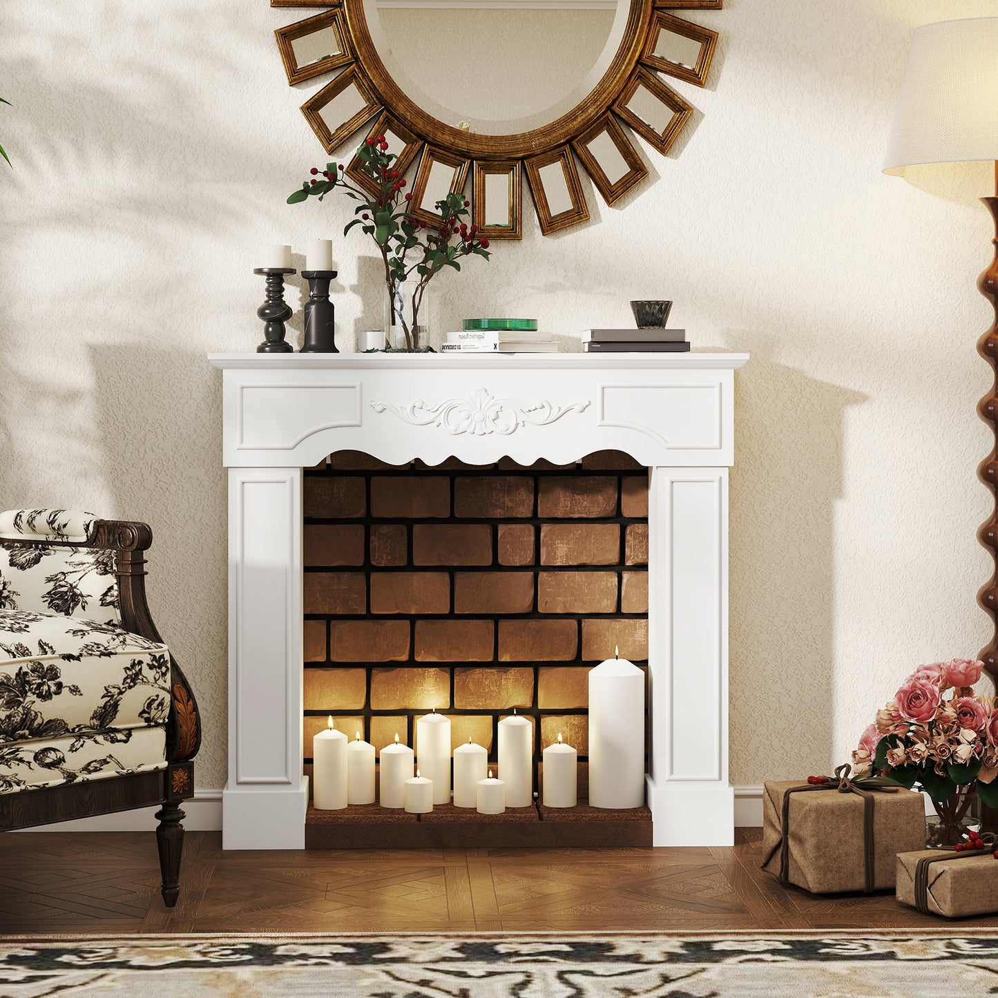 White Baroque Fireplace Mantel Surround for Electric Fireplaces - 43.3 Inch Wide