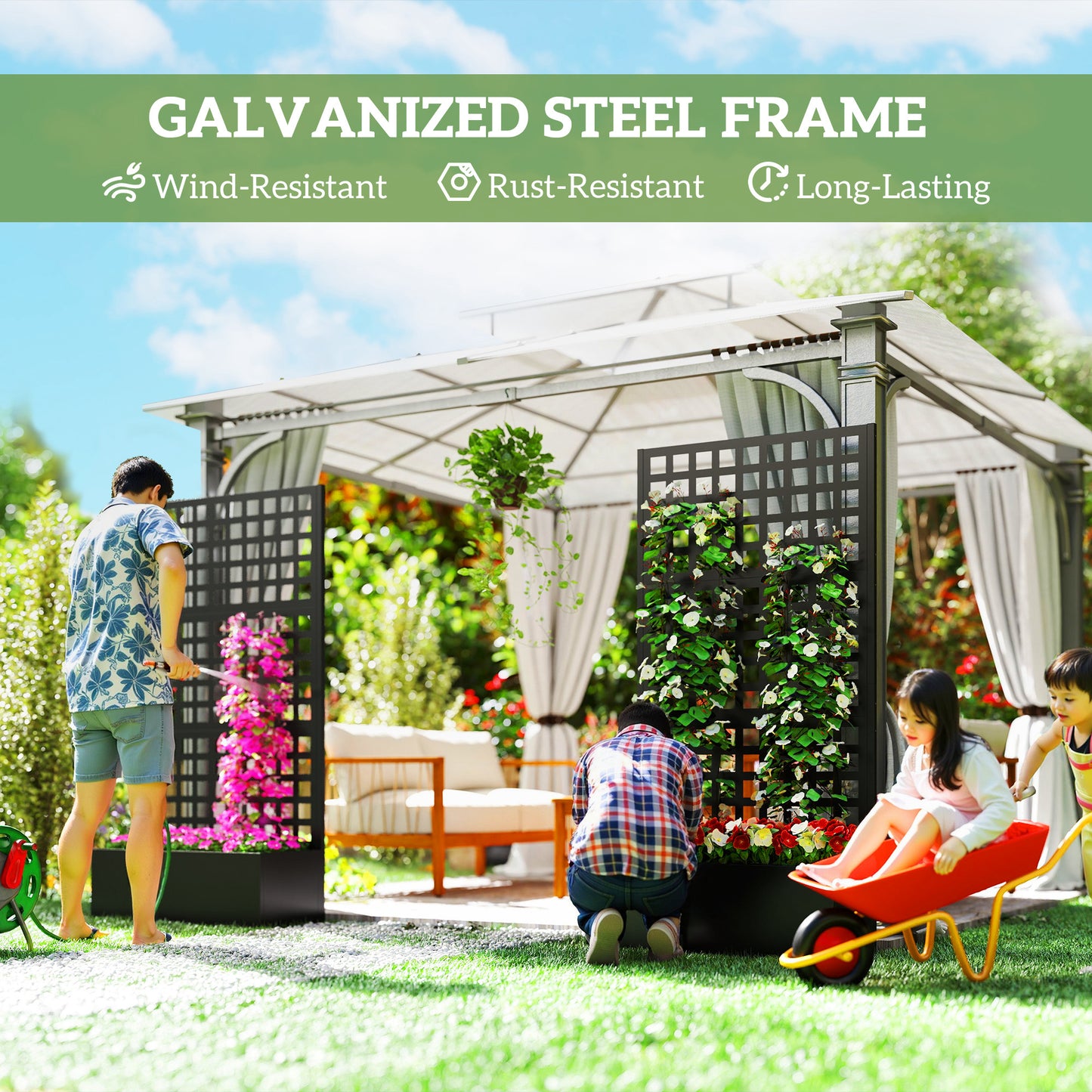 Galvanized Raised Garden Bed Planter with Trellis - 35x16x70 Inches, Black