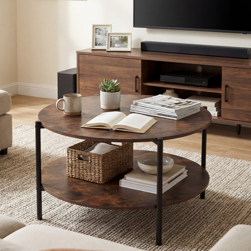 Round Coffee Table 2-Tier Industrial Accent With Open Storage Shelf
