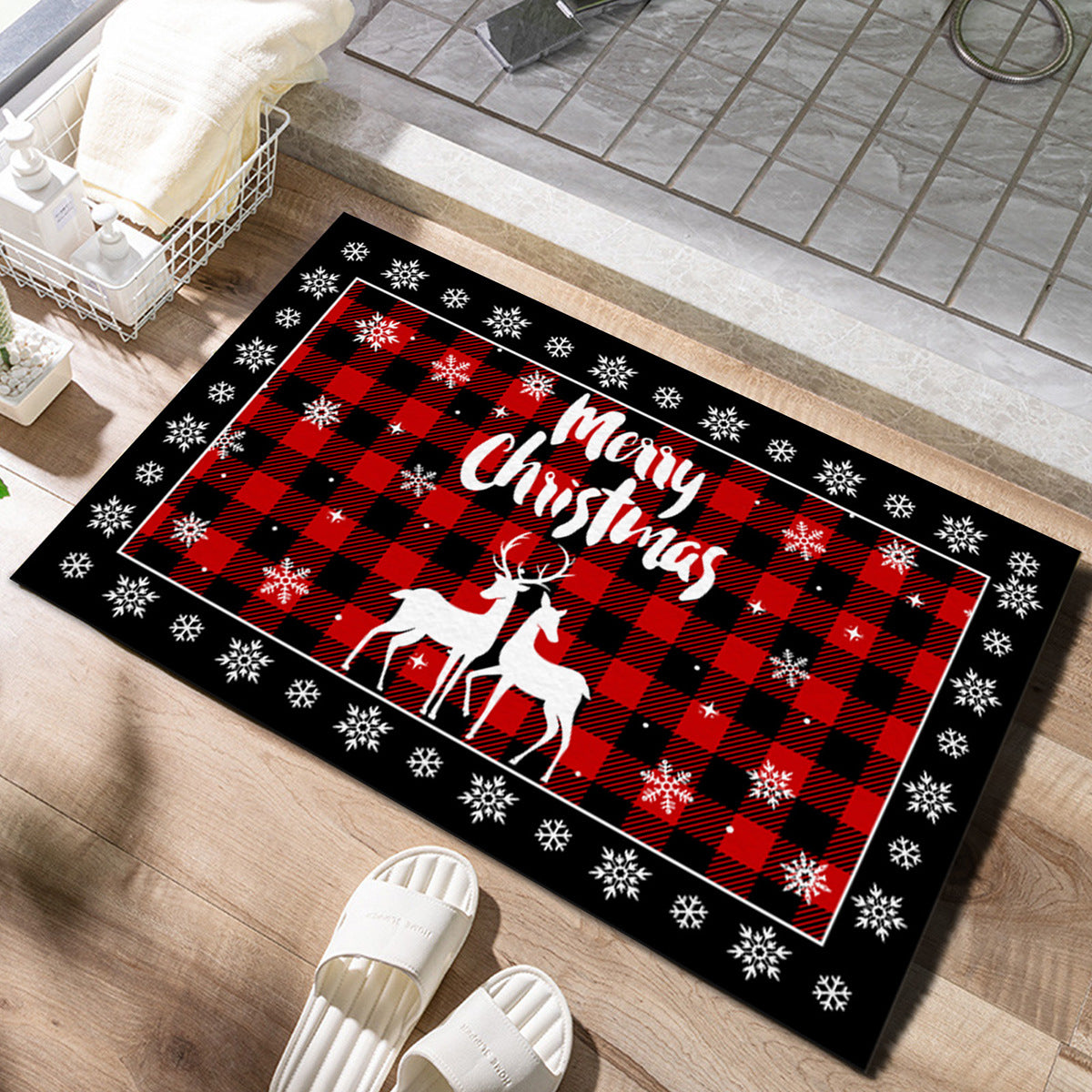 Christmas Non-slip Door Mat Black Red Plaid Decorative Carpet