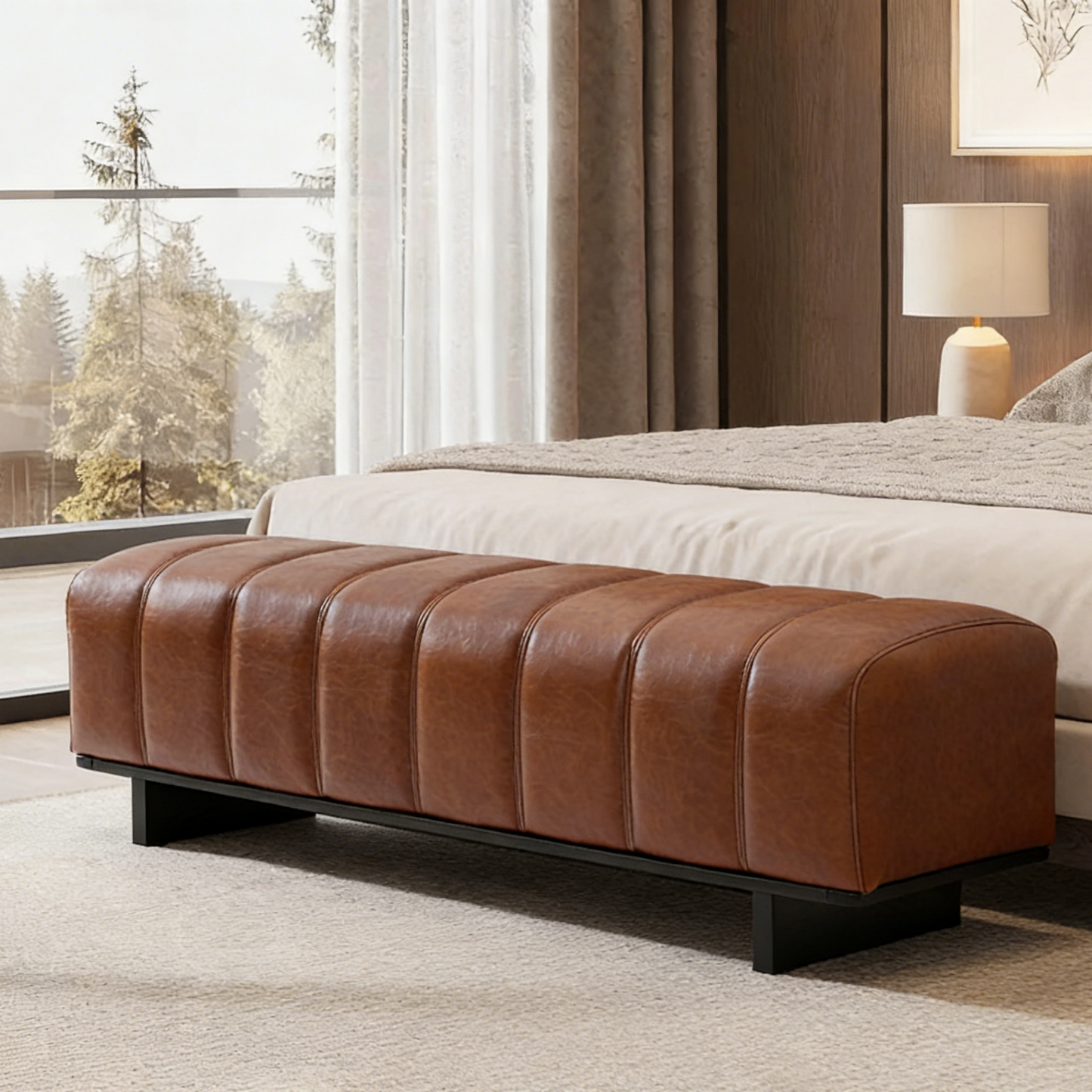 Indoor Dining Bench - Brown PU Fabric with Rubber Wood Legs