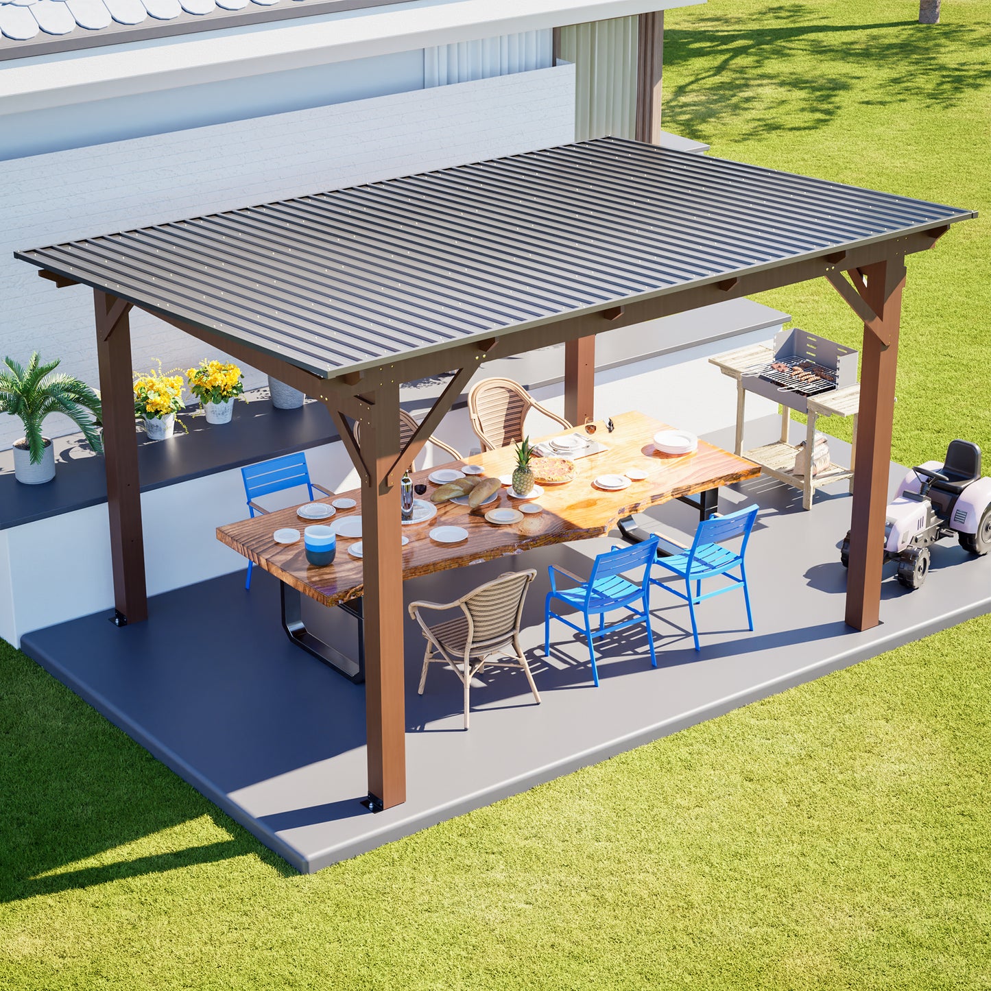 13x10ft Wooden Garden Gazebo with Metal Roof - Brown