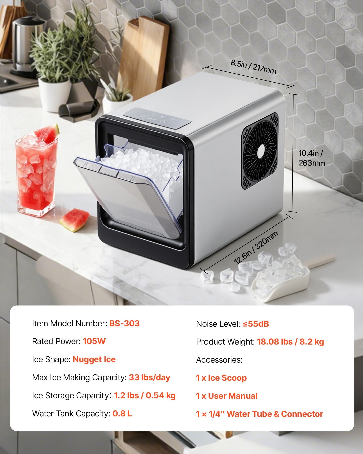 Portable Countertop Ice Maker - 33 Lbs Daily, Chewable Nugget Ice, Self-Cleaning, Black