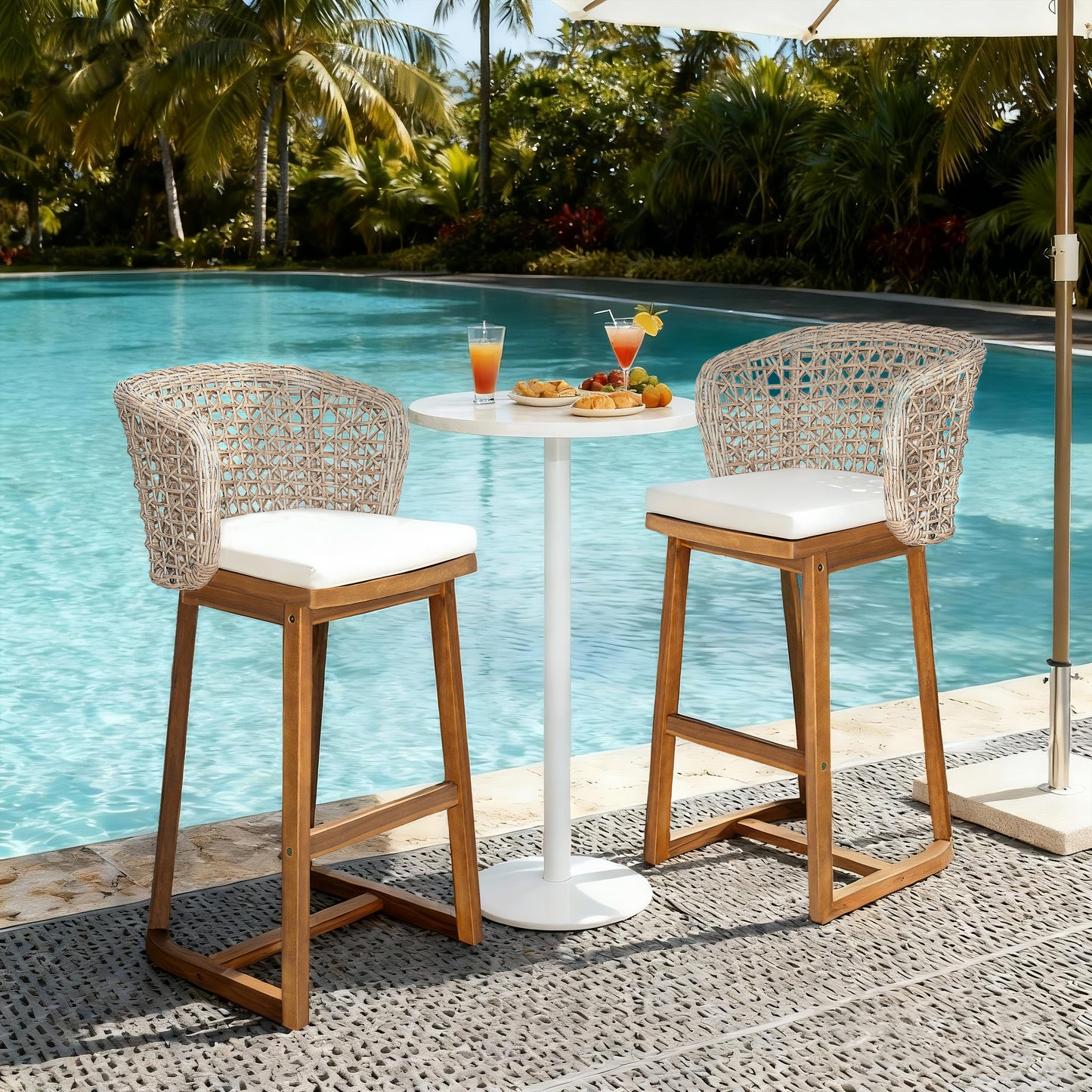 Outdoor Acacia Wood Bar Stools Set of 2 with Beige Cushion
