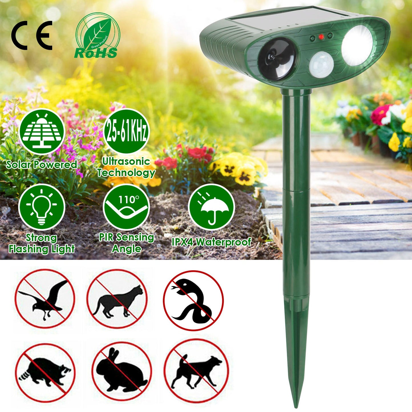Solar Ultrasonic Animal Repeller with LED Flashing Light