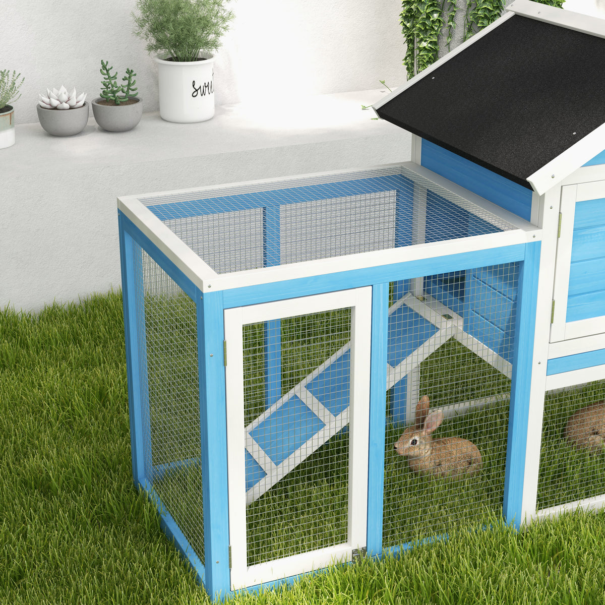 48-Inch Wooden Rabbit Hutch with Waterproof Asphalt Roof & Removable Tray - Light Blue