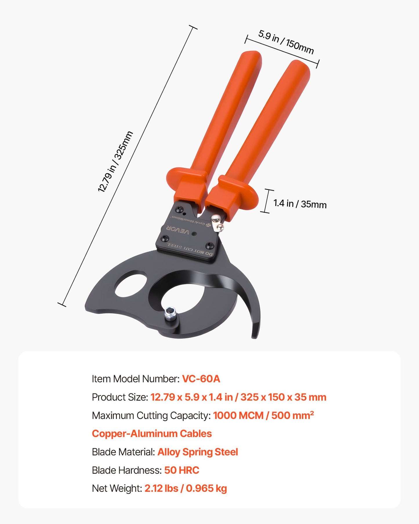 Heavy Duty Wire Cutter for Copper & Aluminum Cables Up to 500mm², Spring Steel Blades
