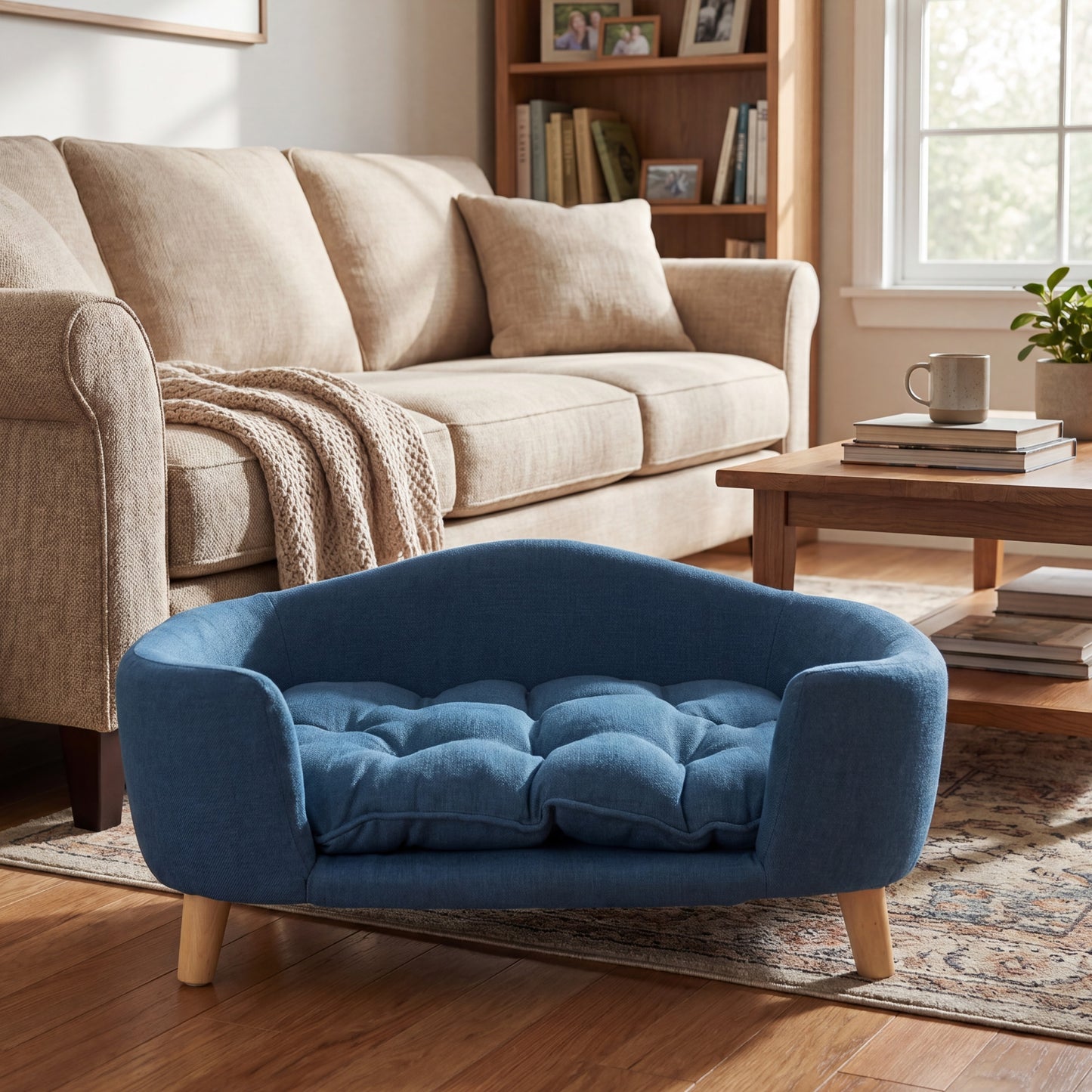 Small Dog Elevated Bed Frame with Fabric Cushion & Rubber Wood Legs