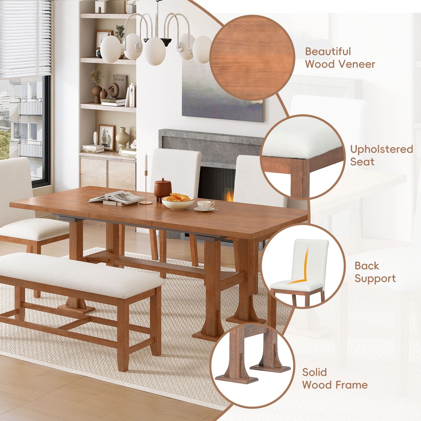 Farmhouse 6-Piece Extendable Dining Table Set with Upholstered Chairs & Bench - Brown Ivory