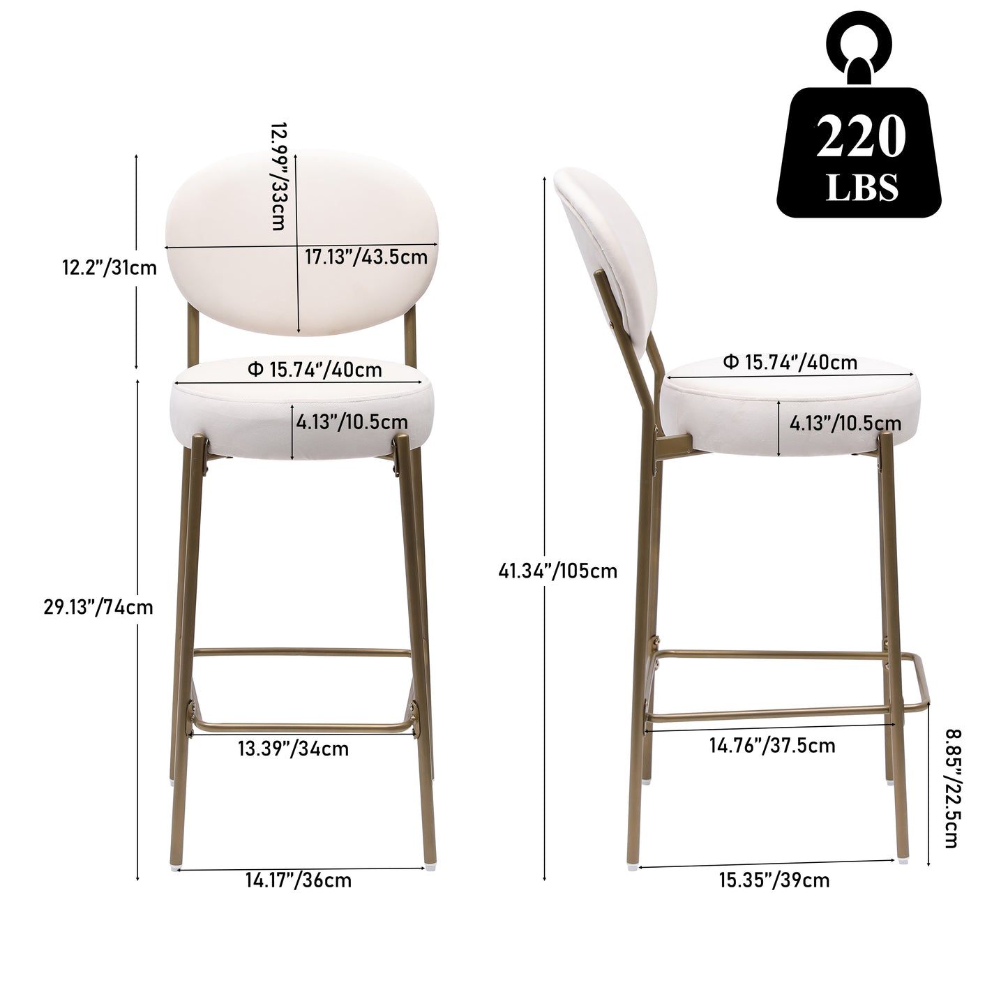 29" Velvet Bar Stools Set of 2 with Backrest & Footrest - Creamy White