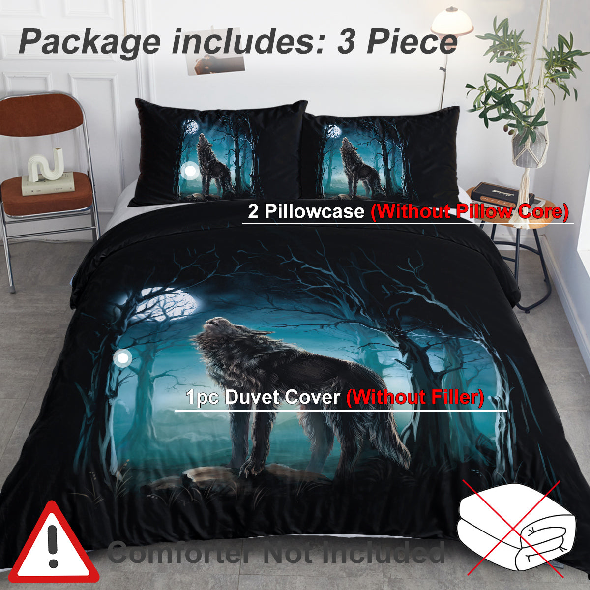 Moon Wolf Duvet Cover Set - Watercolor Forest Design, 3 Pieces