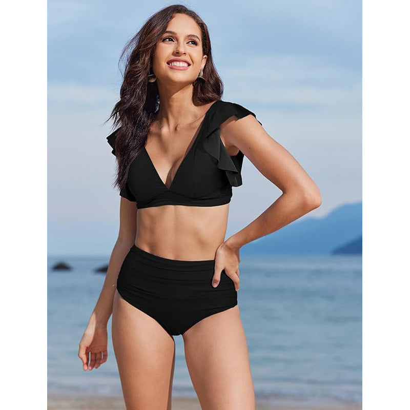 Women's Black Ruffle Sleeve Bikini Set - Elegant 2 Piece Swimsuit