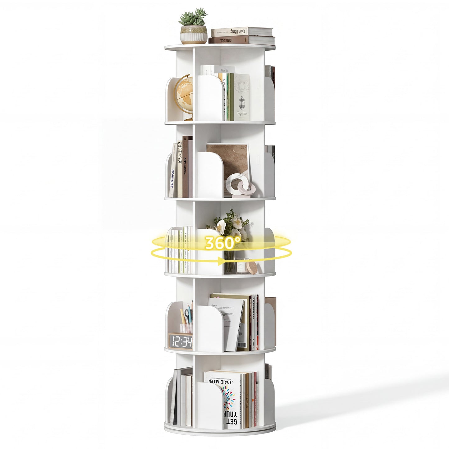 Rotating 5-Tier Book Tower - 360-Degree Revolving Shelf - White