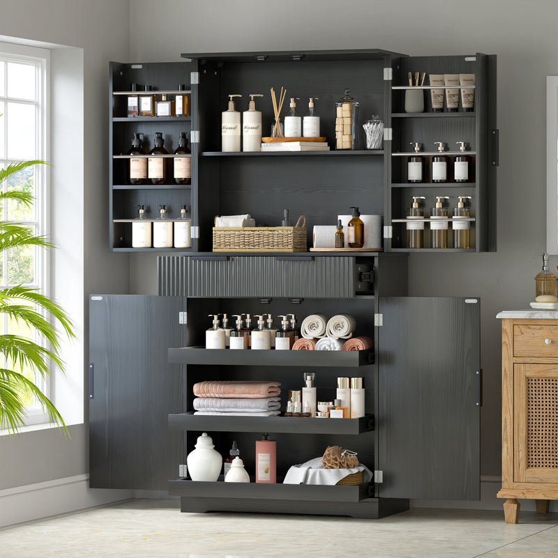 72-Inch Black Pantry Cabinet with 3 Drawers & 6 Shelves