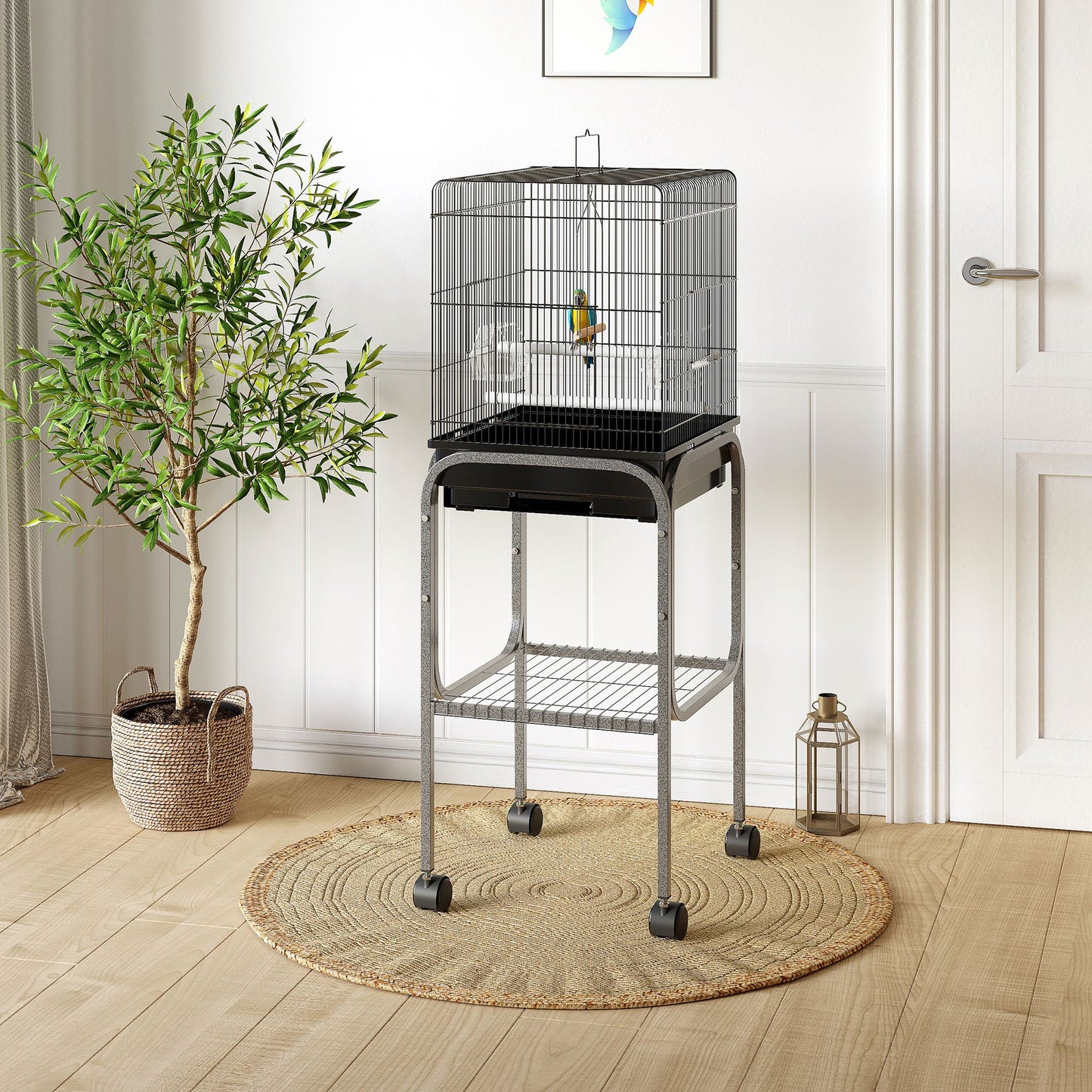45-Inch Metal Bird Cage with Wheels & Storage Basket, Black Parrot Aviary