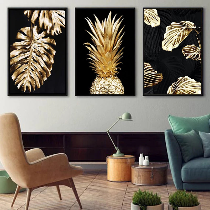 Modern Canvas Wall Art - Abstract Golden Plant Leaf Design, Frameless, Multiple Sizes