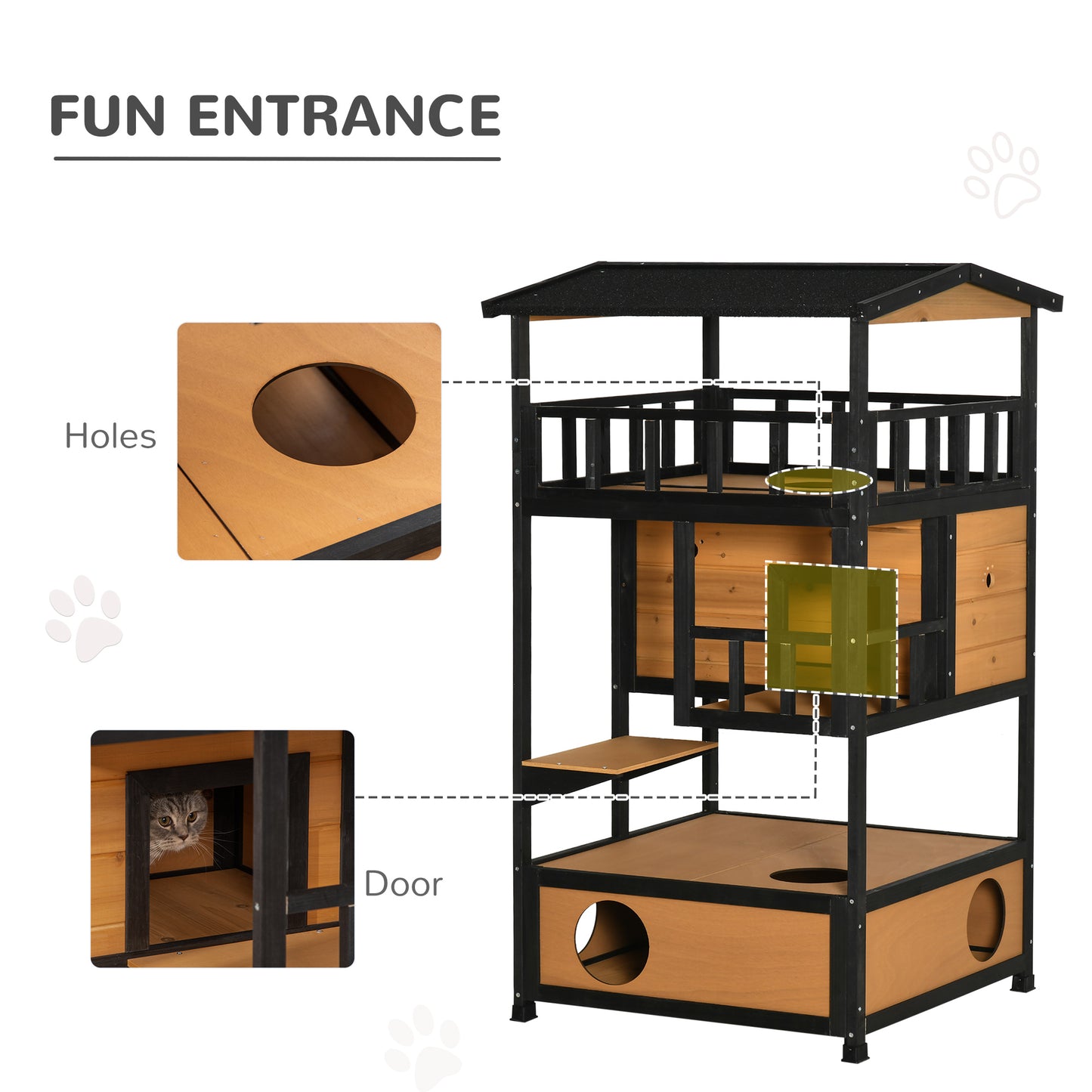 Wooden Outdoor Cat House with Asphalt Roof and Escape Doors - Feral Cat Shelter Kitten Condo Yellow 1095x725x215 mm