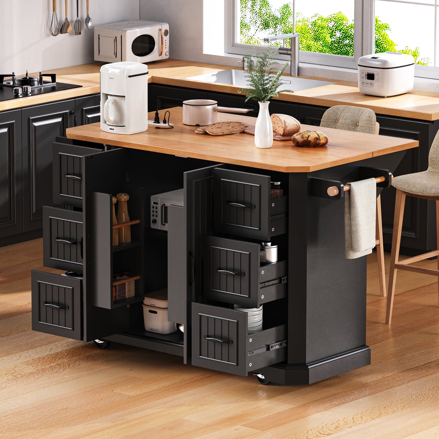 K&K 56 Inch Kitchen Island With Rubber Wood Veneer Drop Leaf, Power