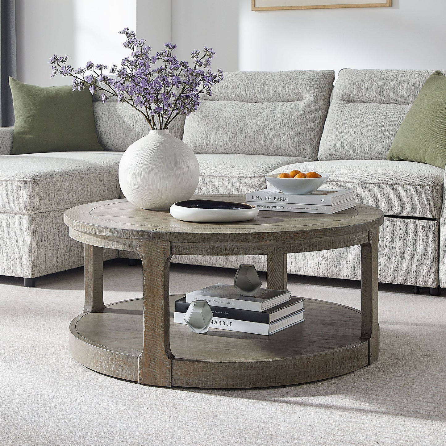 40-Inch Curved Round Wooden Coffee Table with Wheels - Light Brown