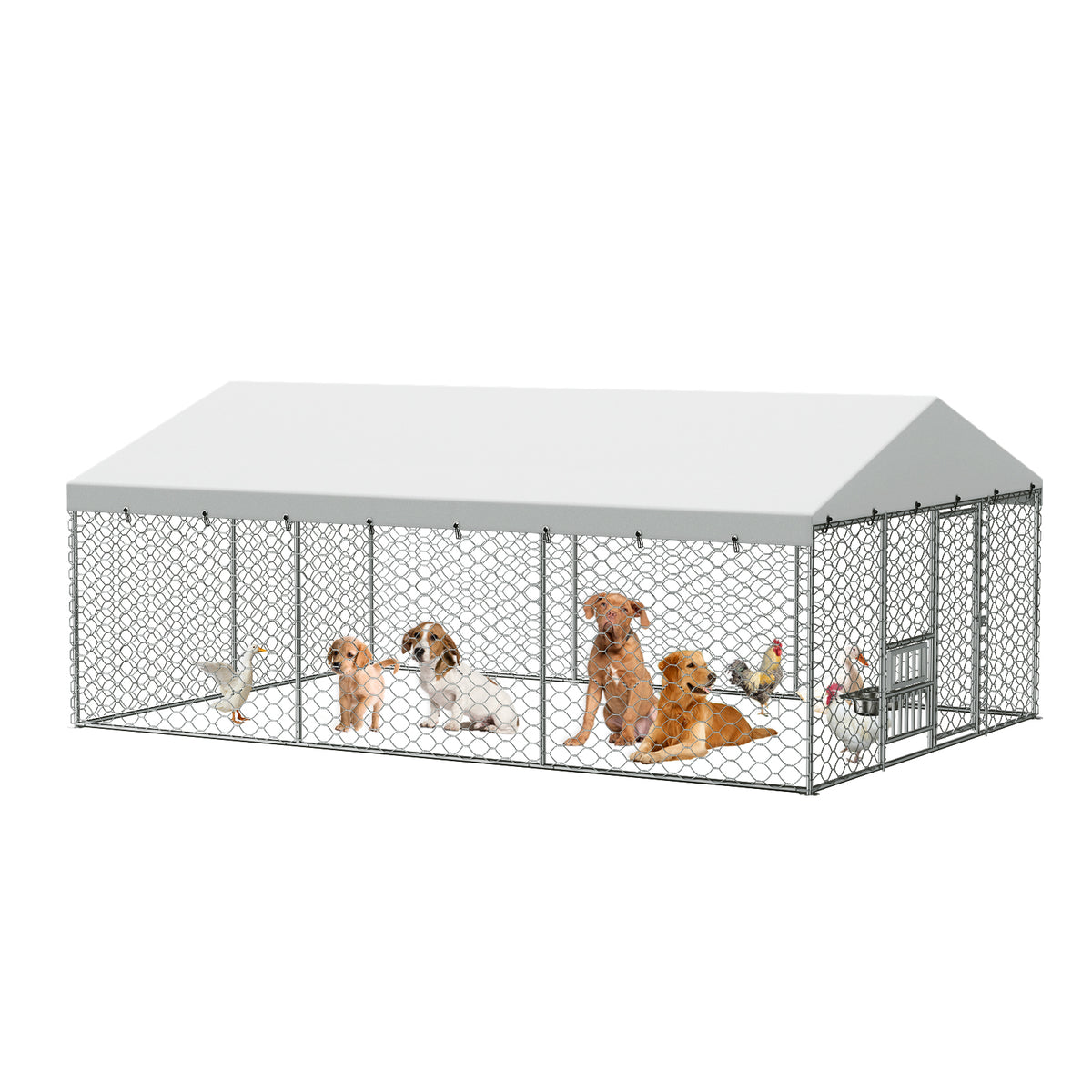 Large Outdoor Dog Kennel with Canopy - Heavy Duty Steel Frame, Waterproof Cover, Elevated Feeders, Escape-Proof Locking for Large Dogs
