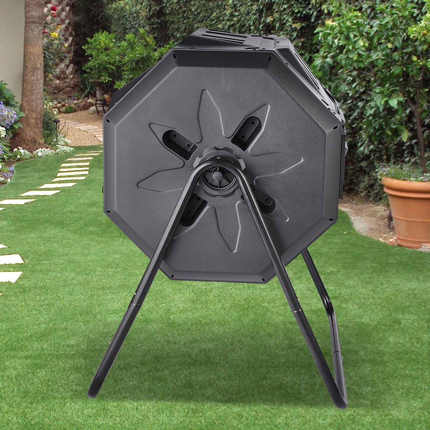 43-Gallon Dual Chamber Compost Bin with Sliding Doors - Large Garden Tumbler, Black