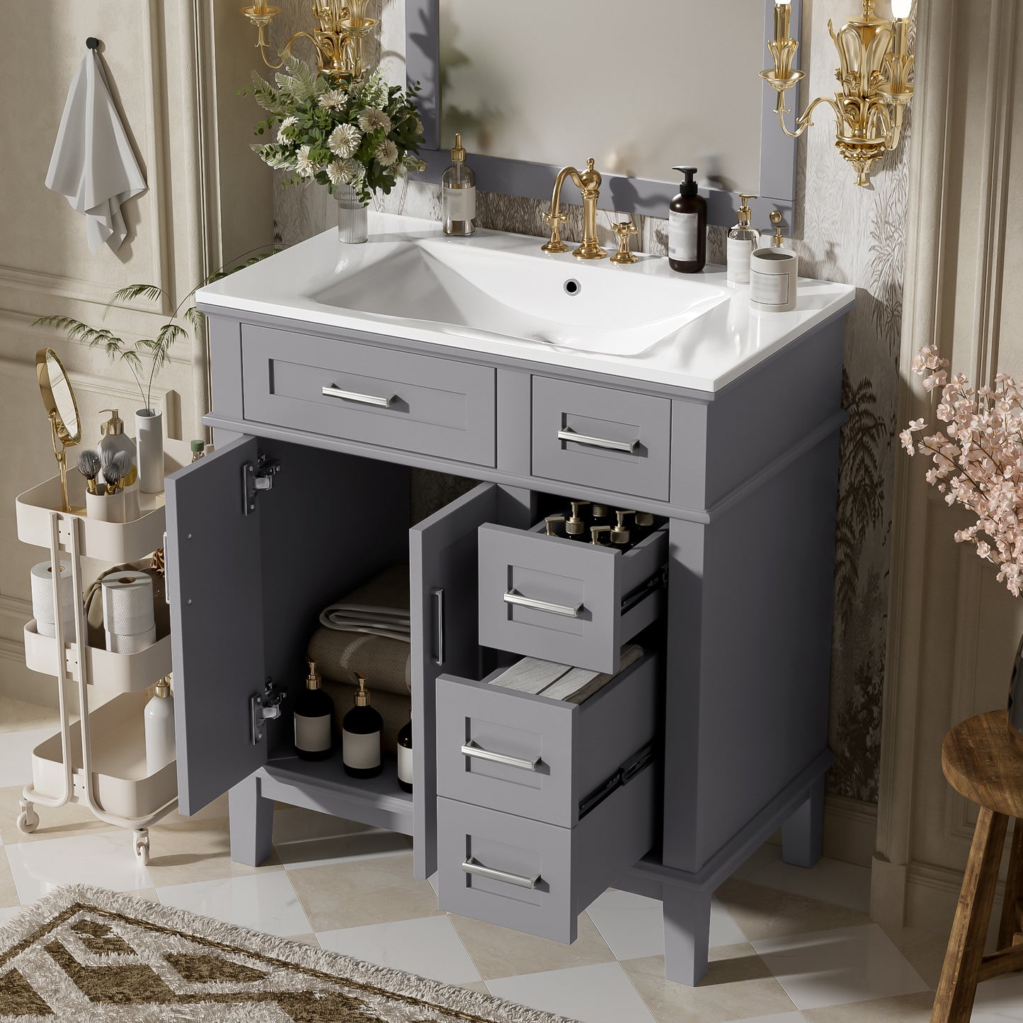 30" Bathroom Vanity with Ceramic Sink & Soft-Close Doors - Grey