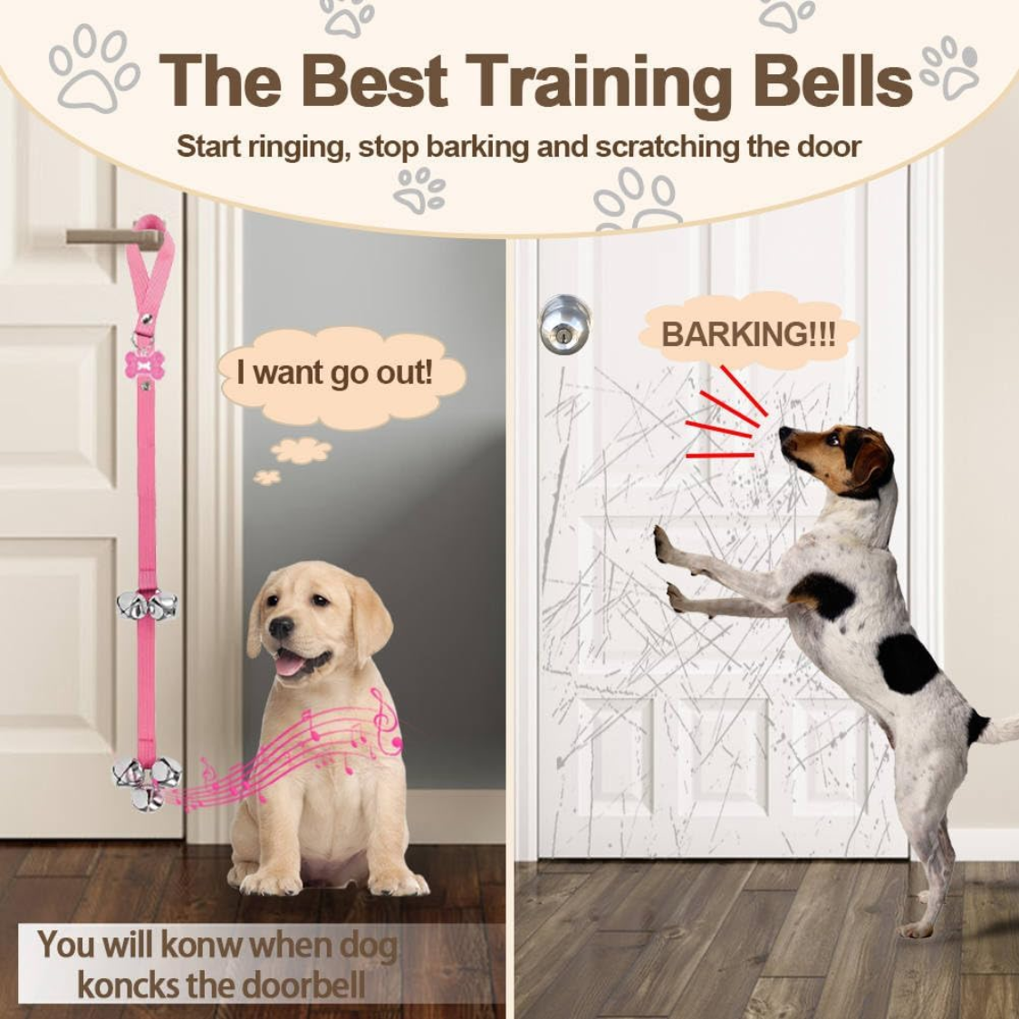 Dog Training Bell Set for Puppies - 2 Pack Paw Print Soundable Door Bells for Potty & Obedience
